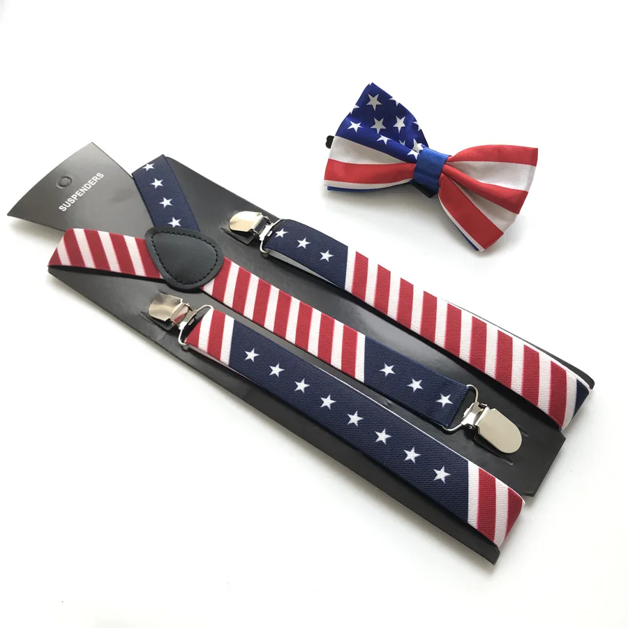 Модный комплект с регулируемыми подтяжками для детей и взрослых, с рисунком флага США, полосатые подтяжки со звездами, подтяжки в форме Y