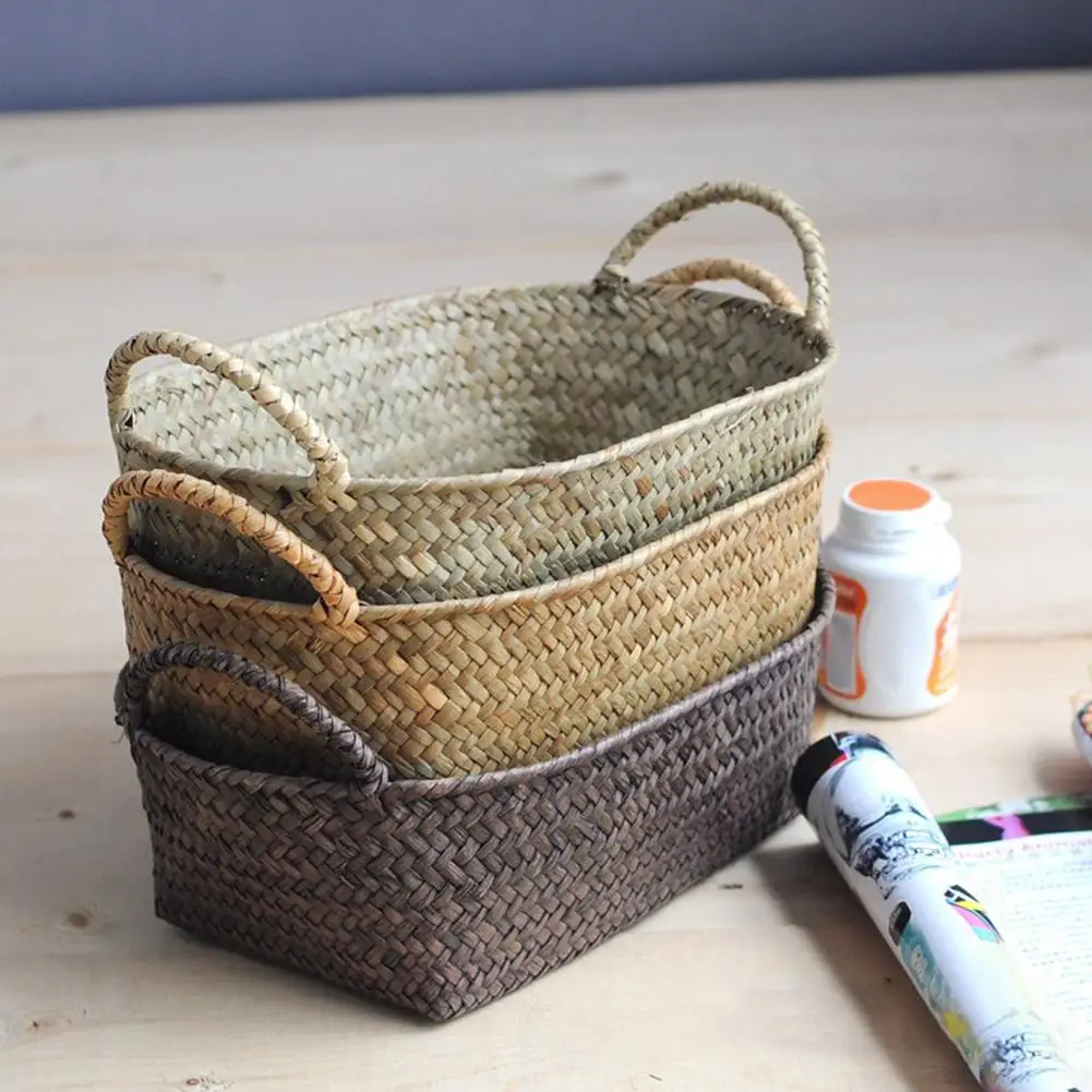 

Handmade DIY Straw Flower Pot Basket Fruit Sundries Organizer Rattan Plant Box Home Organizer