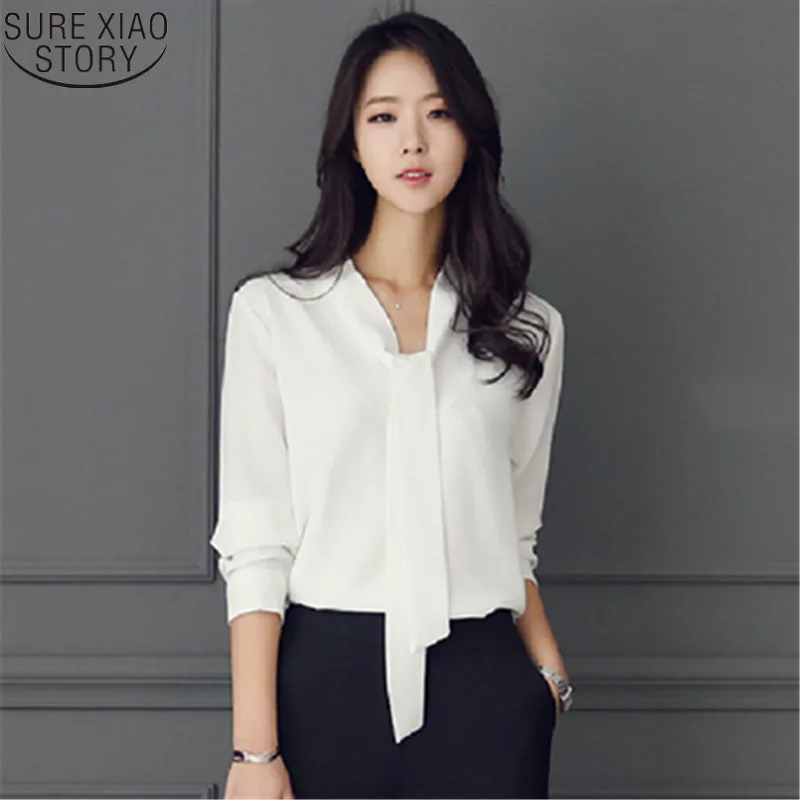 Осенняя Женская одежда с длинным рукавом с галстуком-бабочкой женские рубашки Корейская Свободная шифоновая блузка женская рубашка однотонная блуза 699C 30