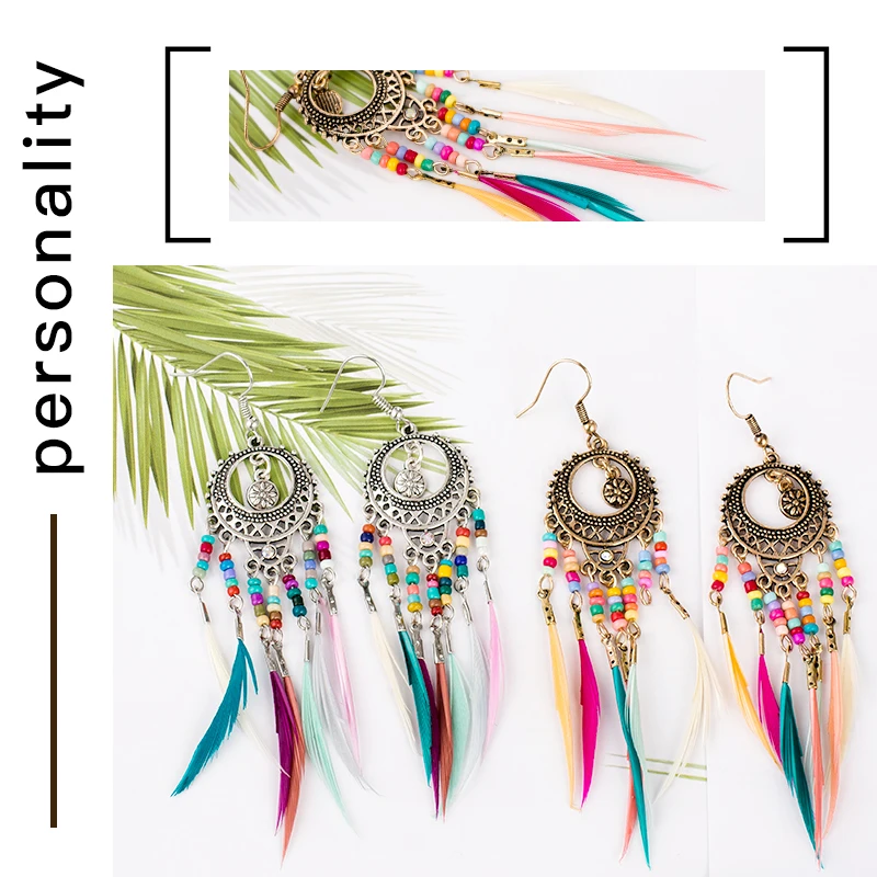 

H:HYDE 1Pair 7 Colour Measle Feather Drop Earrings Unique Dangle Graceful Hollow Out Golden Silver Vintage Ethnic Rainbow Colors