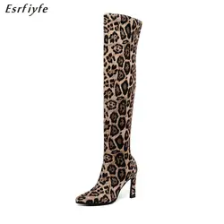 ESRFIYFE/Новинка 2020 года; сезон осень-зима; пикантные модные женские сапоги на высоком каблуке; эластичные сапоги выше колена; леопардовые