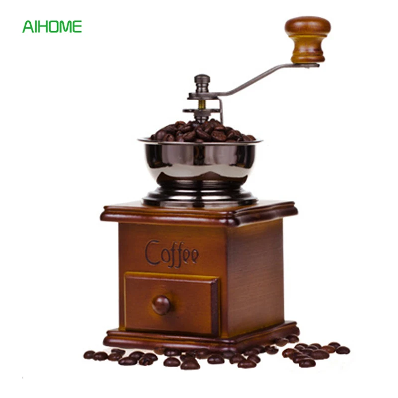 Vintage Mini Manual Coffee Grinder Hand Coffee Mills Wood Stand Cranked
