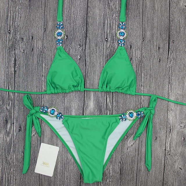 Bikini Green Color Handmake Crystal Diamond Two Piece Swimsuit With 