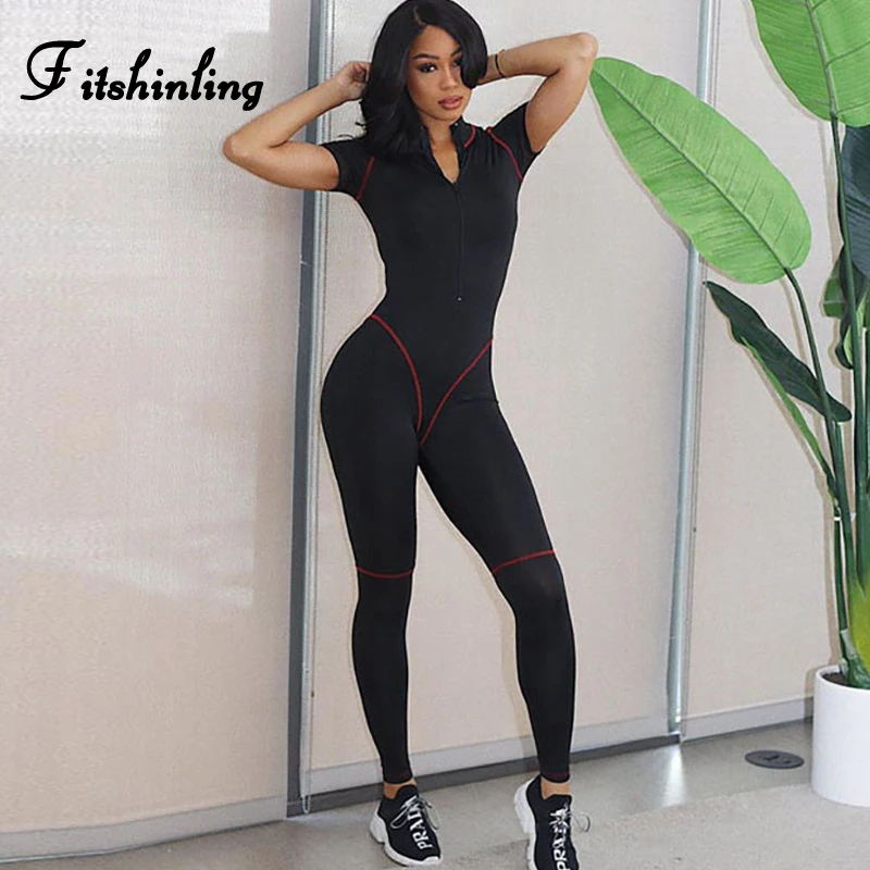 

Fitshinling Sportswear Long Jumpsuit Women Clothes Summer Bandage Fitness Slim Black Playsuit Romper Athleisure Zipper Jumpsuits