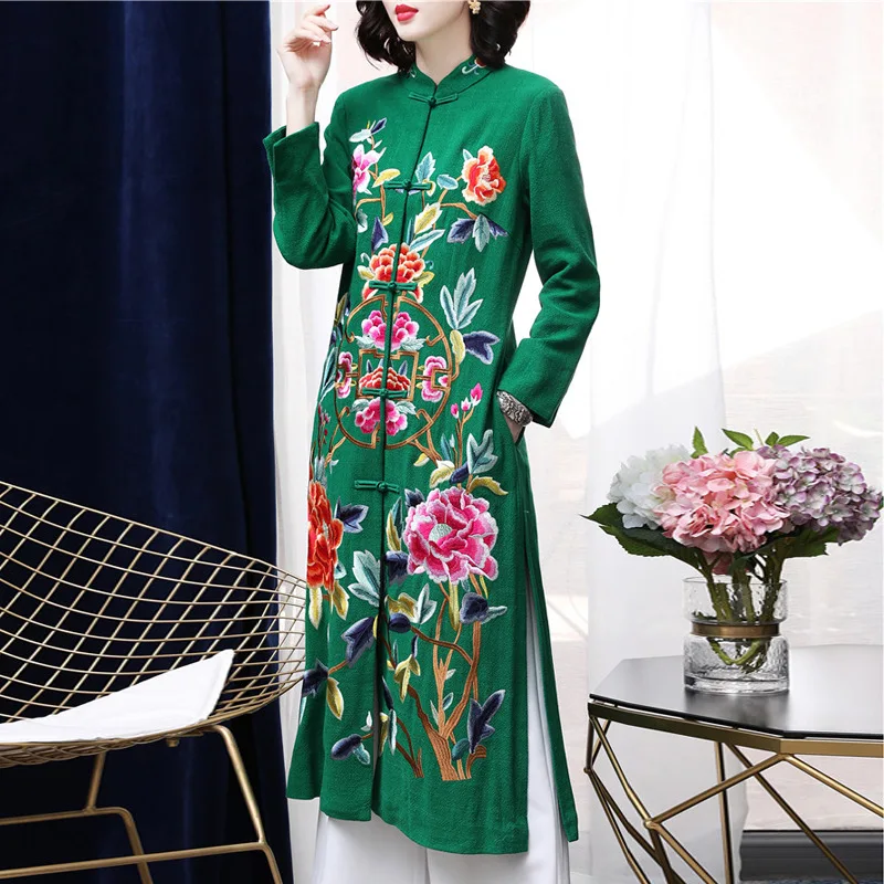 

Big Size Long Coat 2019 Autumn Spring Outerwear Women Vintage Embroidery Single Breasted Linen Coat Female Casual Overcoats XXXL
