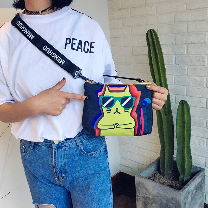 Menghuo New Cute Dog Cat Printed Canvas Crossbody Shoulder Bags Summer Female Casual Canvas Bags Nylon Bag Design Messenger Bag (10)