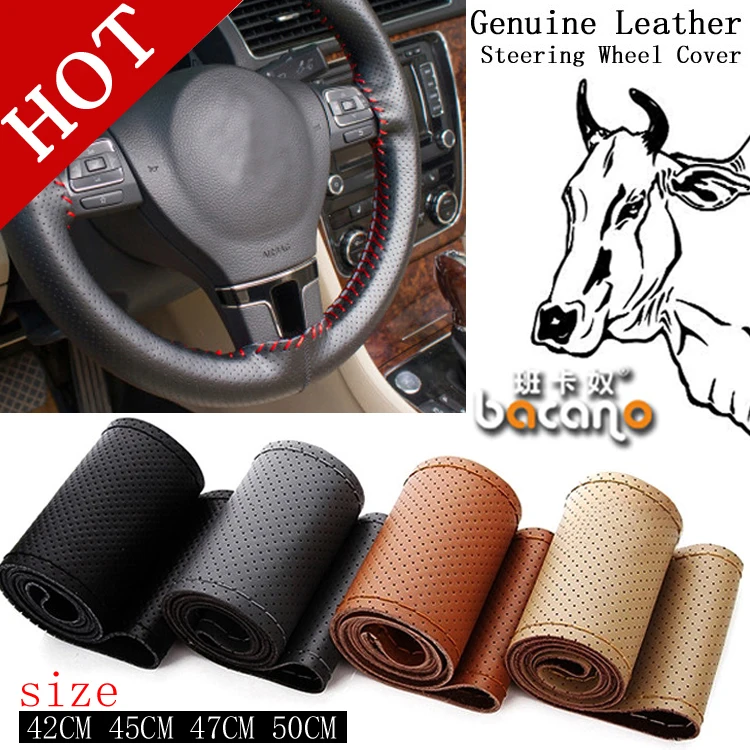 Hot Truck Bus Genuine Leather Steering Wheel Cover,   42cm 45cm 47cm Car,DIY Handmade Case With Needles and Thread Free Shipping