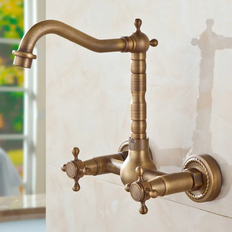 Vintage Retro Antique Brass Wall Mounted Dual Cross Handles Swivel Kitchen Bathroom Sink Basin Faucet Mixer Tap aan024