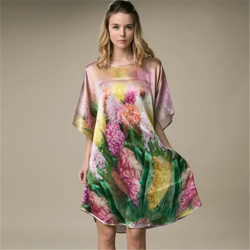

Large Size Bath Robe Summer Style 100% Mulberry Silk Ladies Sleepshirt Women Nightgowns Home Clothing Nightie For Sleep YBP004