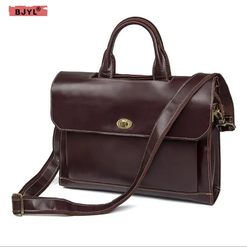 

BJYL 100% Genuine Leather 15" Laptop Men Briefcases Vintage Shoulder Bag large capacity business handbag crossbody Messenger Bag