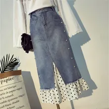 Новая весенняя и летняя модная Женская Асимметричная джинсовая юбка, Женская Повседневная Джинсовая длинная юбка в горошек с оборками