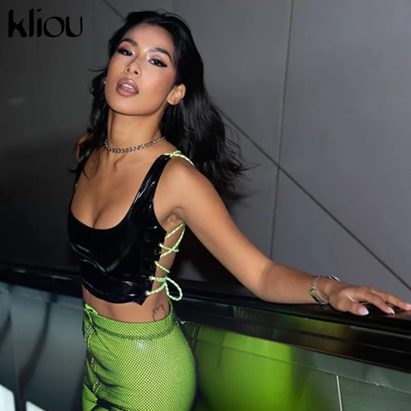 

Kliou women sexy backless bandage design PU leather tank top 2019 spring summer new female sexy strapless short striped top tees