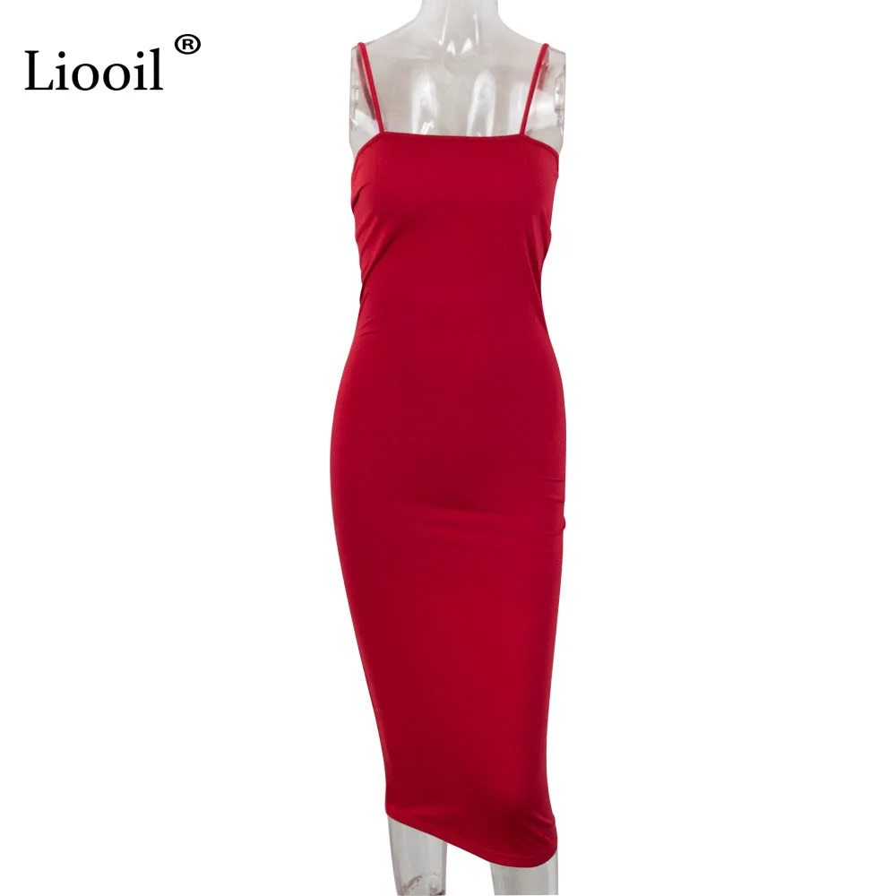 Liooil Sexy Spaghetti Strap Midi Dress Sleeveless Backless Bodycon Bandage Black Blue Red Celebrity Women Party Dresses Clubwear
