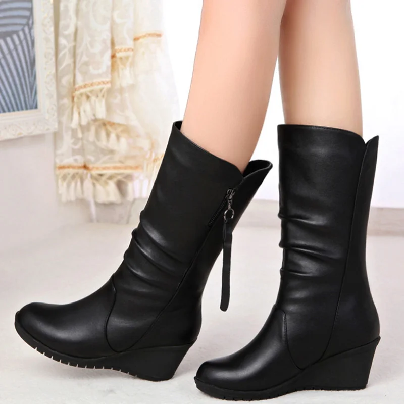 Botas con cuña para mujer, zapatos de media caña, de cuero, punta redonda,  color negro, invierno, 2022|Botas a media pantorrilla| - AliExpress