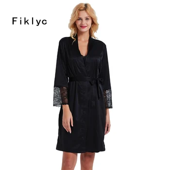 

Fiklyc brand fashion women's satin & lace patchwork hollow out sexy robe & gown sets two pieces ladies nightwear sets NEW design