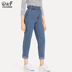 Dotfashion/синие джинсы с оборкой на Подоле и высокой талией, женские повседневные штаны 2019 года, корейские уличные модные брюки на пуговицах