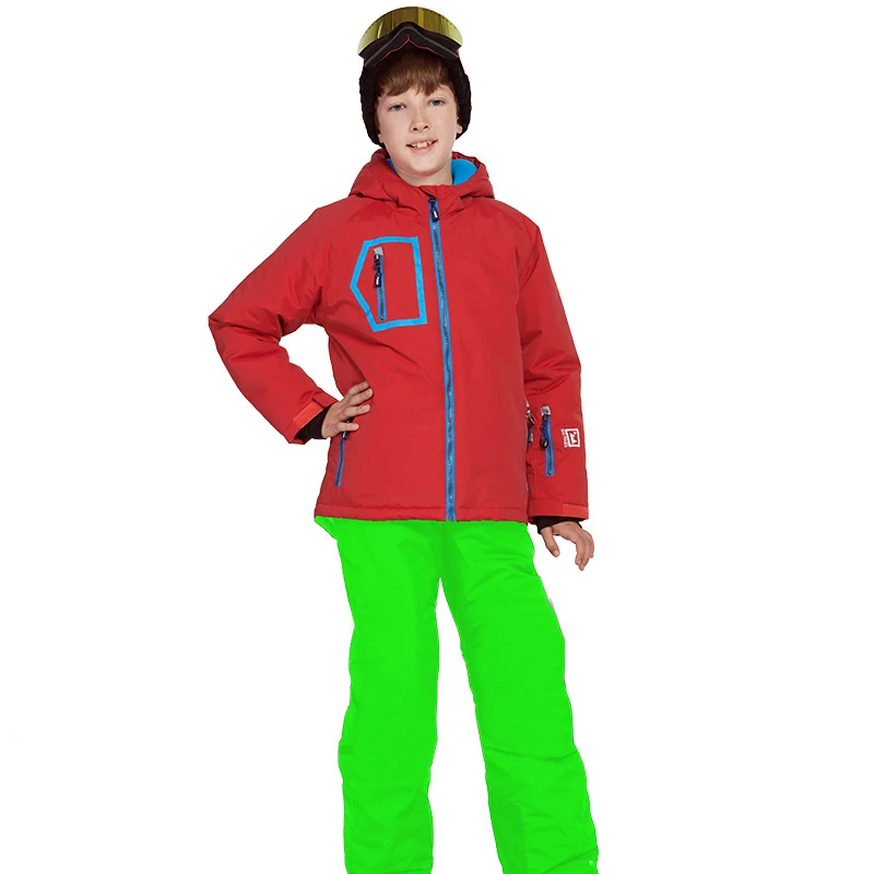 Детский лыжный комплект; Одежда для мальчиков; лыжные костюмы для сноуборда; Водонепроницаемая детская Лыжная куртка с капюшоном; теплая ветрозащитная куртка Terno Esqui - Цвет: green1