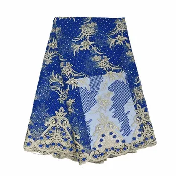 

HFX Royal Blue / Gold African Embroidery Tulle Stones Design French Net Lace Fabric For Party Dress X459-3