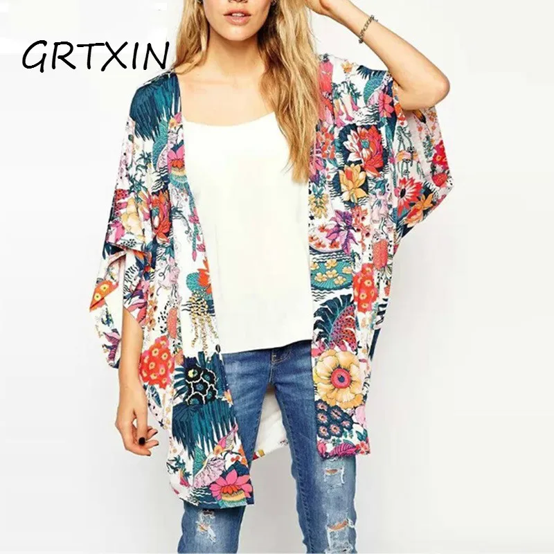 Women Summer Kimono Women Print Floral Blouses Loose Type Chiffon Kimonos Regular Floral Printed