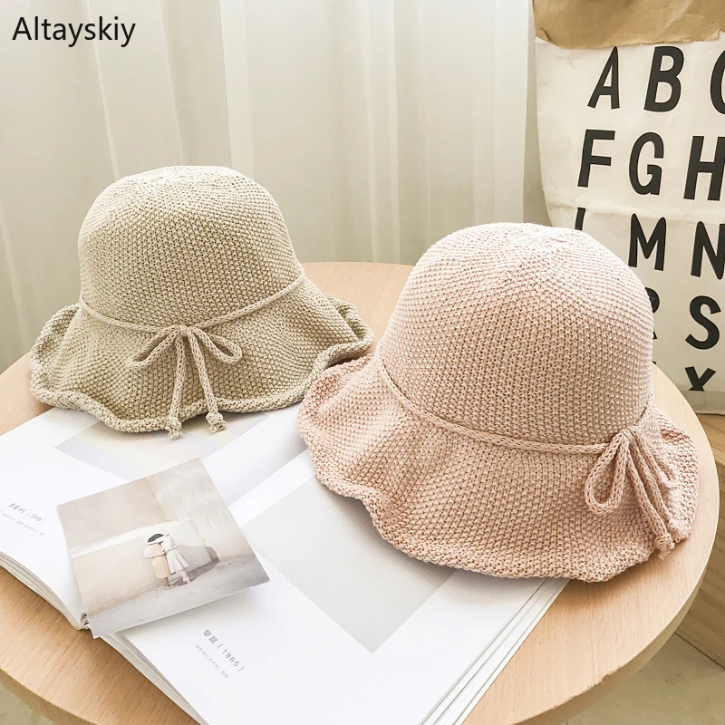 

Bucket Hats Women Japaneses Style Sweet Student Leisure Caps Womens Bow Literary Sun Protection Hat Solid Fashion Chic Girls New