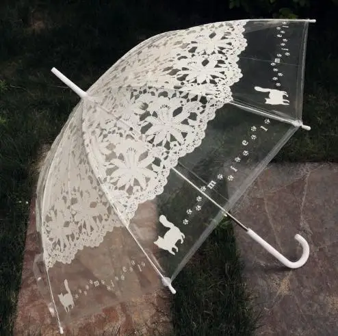 

[ Fly Eagle ] 1PCS Romantic imitation lace Transparent cute cat Large long Rain Wind Umbrella For Lolita Women Travel
