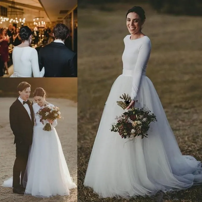 

Simple Country Wedding Dresses Long Sleeve Cheap Soft Tulle A-Line Wedding Dress Wedding Gowns Custom Made Bridal Gowns
