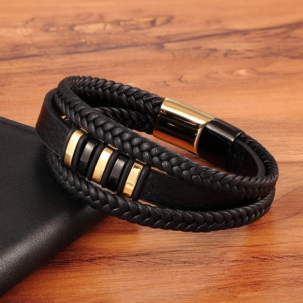 High Quality Stainless Steel Charm Stackable Layered Bracelet Leather Genuine Braided Black Bracelet for Men’s Hand Jewelry