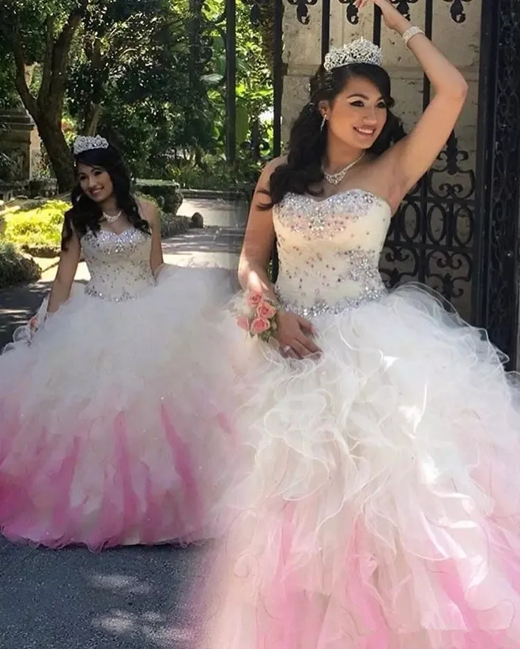 

Sweet 16 Ball Gown Dresses for Girls Sweetheart Pleats Beaded Sparkly Quinceanera Dresses 2019 Ruffles Skirt Pink & Ivory