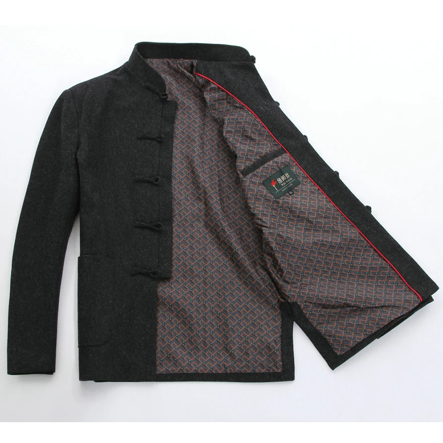 Черный Бренд Новое поступление китайский традиционный для мужчин Шерсть Мандарин воротник куртки пальто M L XL XXL 3XL MTJ2015034