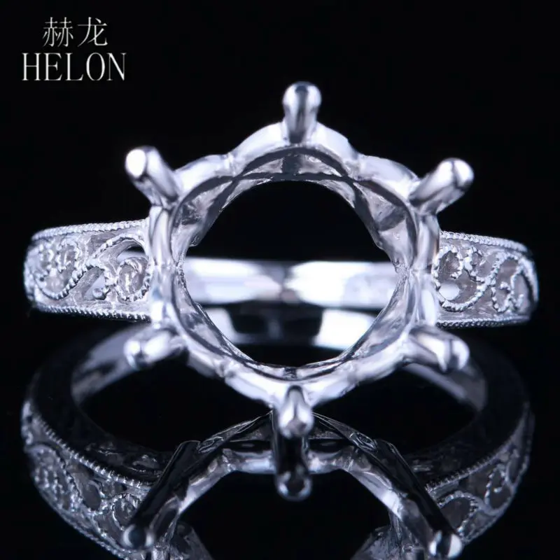 

HELON 11-12mm Round Shape Semi Mount Retro Antique style Ring Solid 10k White Gold Women's Jewelry Fine Engagement Wedding Ring