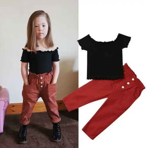 

2PCS Fashion Solid Toddler Kids Baby Girls Clothes Off Shoulder T-shirt Top button Pants Outfits Tracksuit Summer Clothes Set