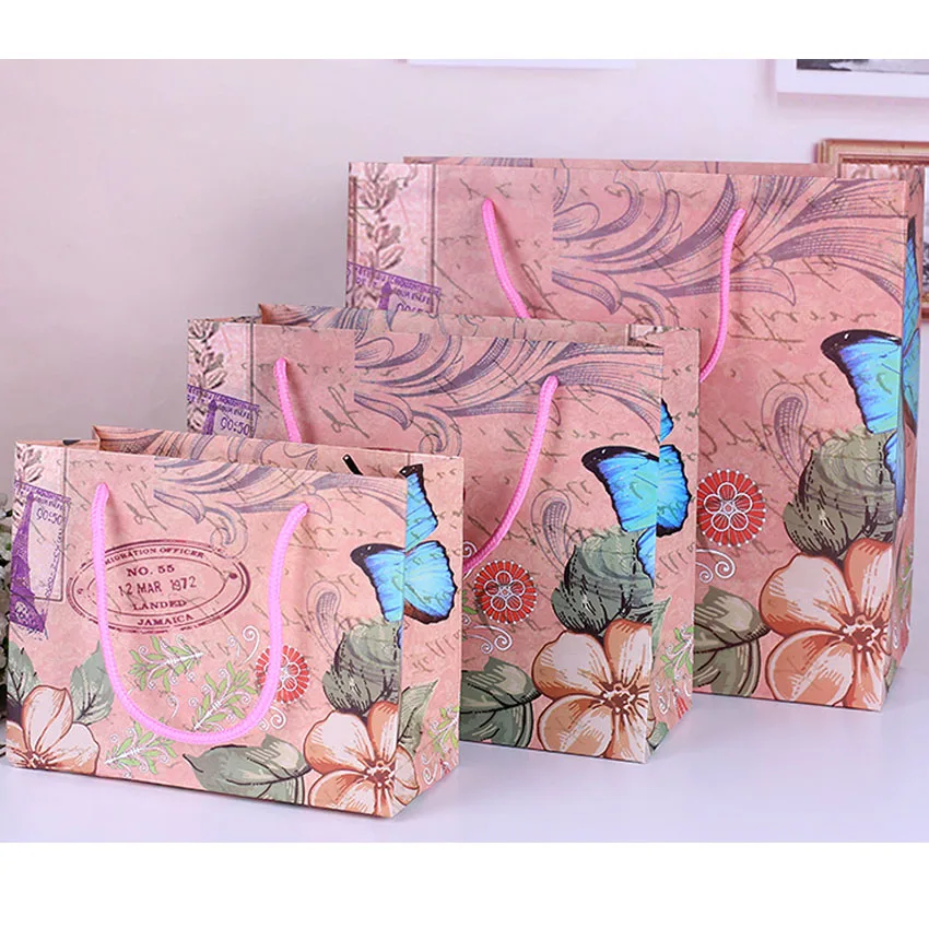 Bolsa de Papel com Alças Bolsa com Alças Lote Bonito Europeu Borboleta Flor Decoração Kraft Papel Presente 19x14x8cm 10 Pçs - 3 papel presente saco com alças 19x14x8cm
