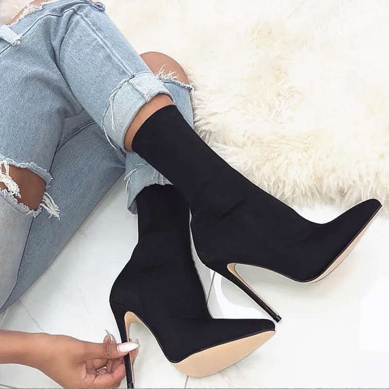 

2019 Stiletto Women Sock Boots Pointed Toe Elastic High Boots Slip On High Heel 11CM Ankle Boots Women Pumps Botas Black Pink