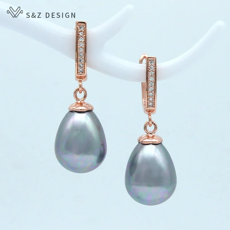 

S&Z New Imitation Shell Pearls Water Drop Earrings 585 Rose Gold Micro Wax Inlay Zircon For Women Wedding Party Fashion Jewelry
