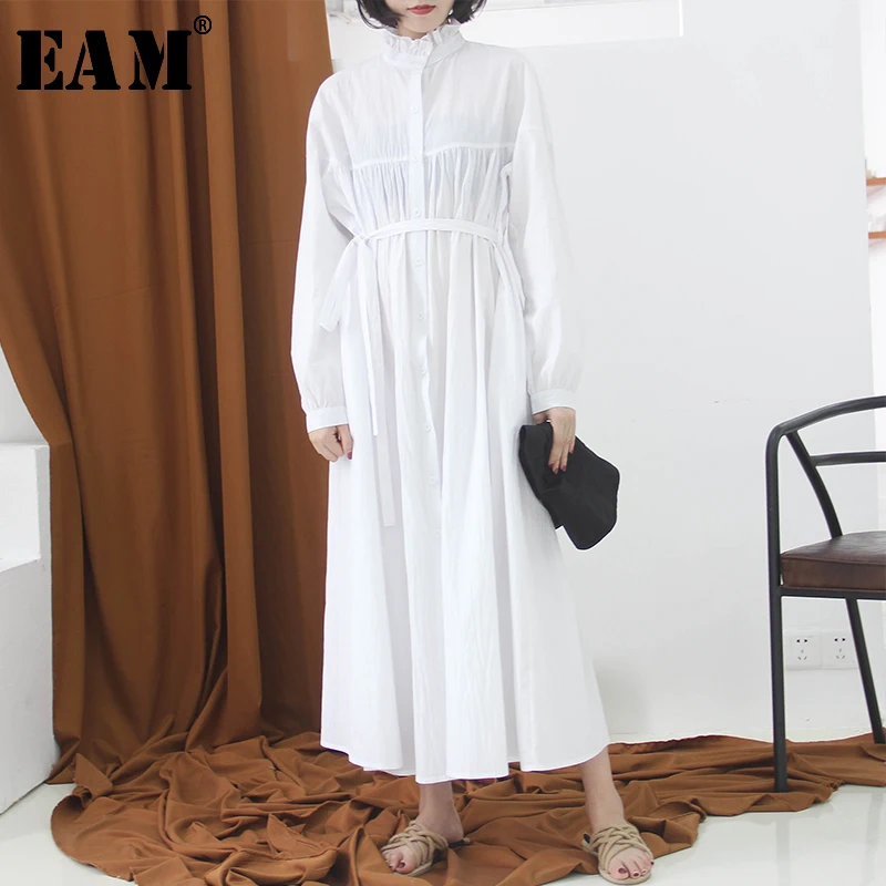 

[EAM] 2019 New Spring Summer Stand Collar Long Sleeve White Ruffles Stitch pleated Loose Long Shirt Dress Women Fashion JK988