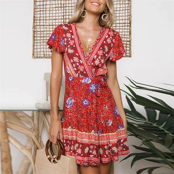 

New Summer Floral Print Mini Dress Women Short Sleeve V neck Lace Up Vintage Indie Folk Style Dresses