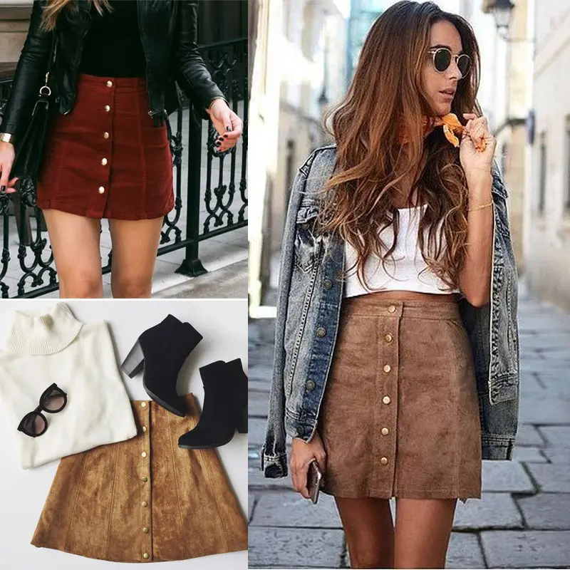 19 Women High Waist Button Suede Leather Skirts Pocket Preppy Short Mini Skirts 3 19 Women High Waist Button Suede Leather Skirts Pocket Preppy Short Mini Skirts 3