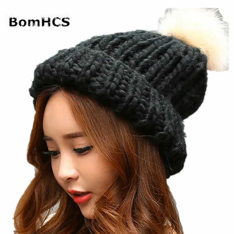 

BomHCS Women's Fashion Winter Warm False Fur Pompom Beanie 100% Handmade Knitted Hat Cap