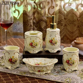 

peony Five-piece Set ceramics Bathroom Accessories Set Soap Dispenser/Toothbrush Holder/Tumbler/Soap Dish Bathroom Products