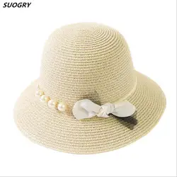 SUOGRY 2018 новые женские жемчужные соломенные шляпы от солнца большой Брим бантик ВС шляпы Повседневная летняя обувь женская соломенная шляпа