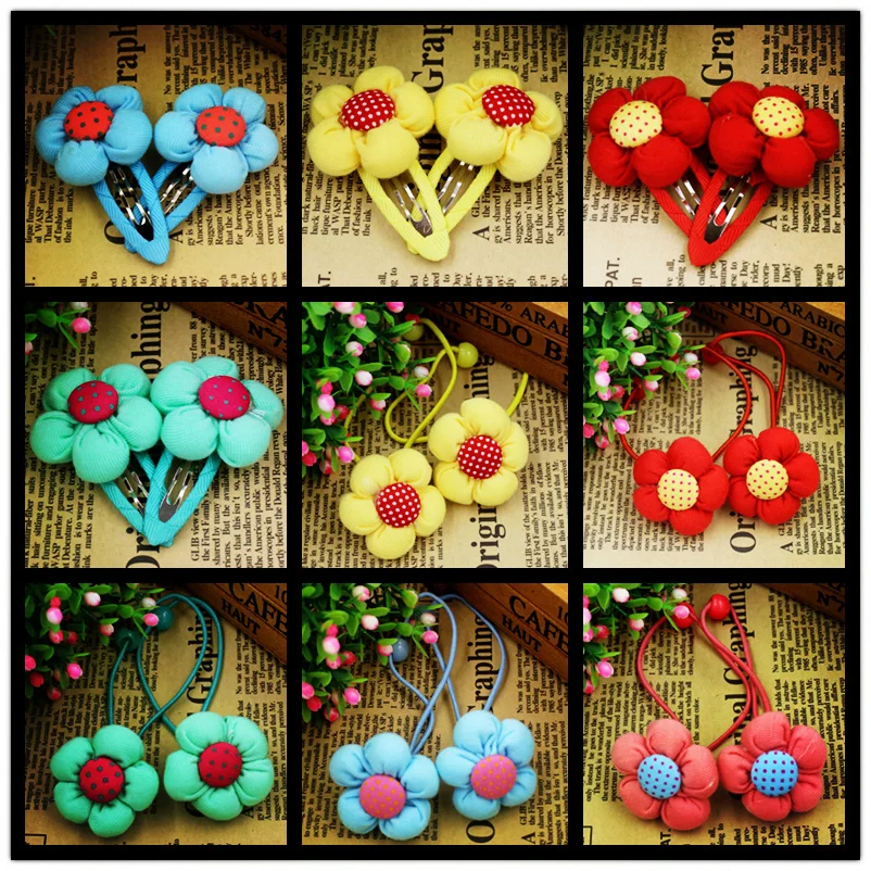 

5pcs/lot Hair Clips And Rubber Bands 2015 New Fashion Cotton Sunflowers Barrettes Girl Hair Accessories Tie Gum Free Shipping