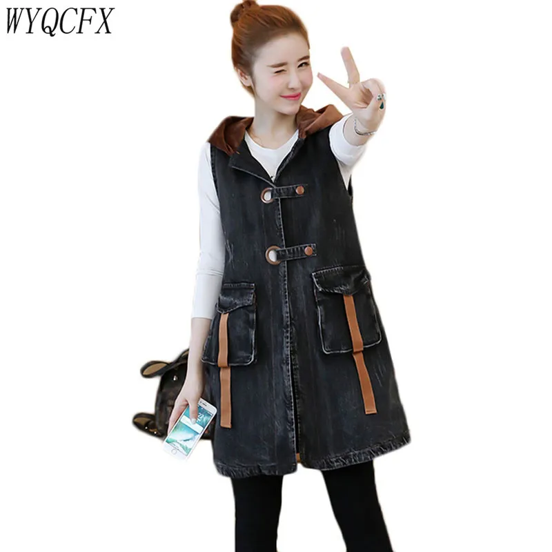 

Spring Autumn Embroidery Denim Vest Women Loose Jeans Waistcoat Sleeveless Women's Fashion Long Hooded Slim Jackets Plus Size