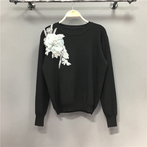 Женский свитер, рубашка, осень, новинка, Свободный пуловер с цветочной вышивкой, украшенный бусинами, свитера, женская трикотажная одежда, вязаные топы - Цвет: Черный