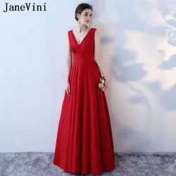 JaneVini Vestidos Простой Мать невесты платья атласная Line Pleat Сексуальная глубоким v-образным вырезом спинки Формальные Вечерние платья для женщин