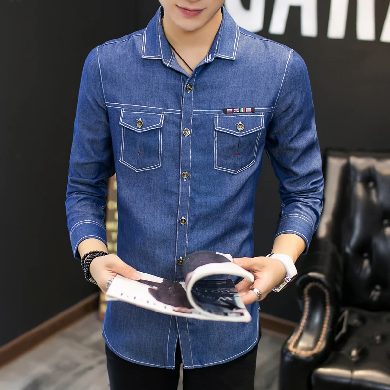 double pocket denim shirt mens