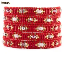 Красный бисер смешанный кристалл кожаный браслет wrap как подарки