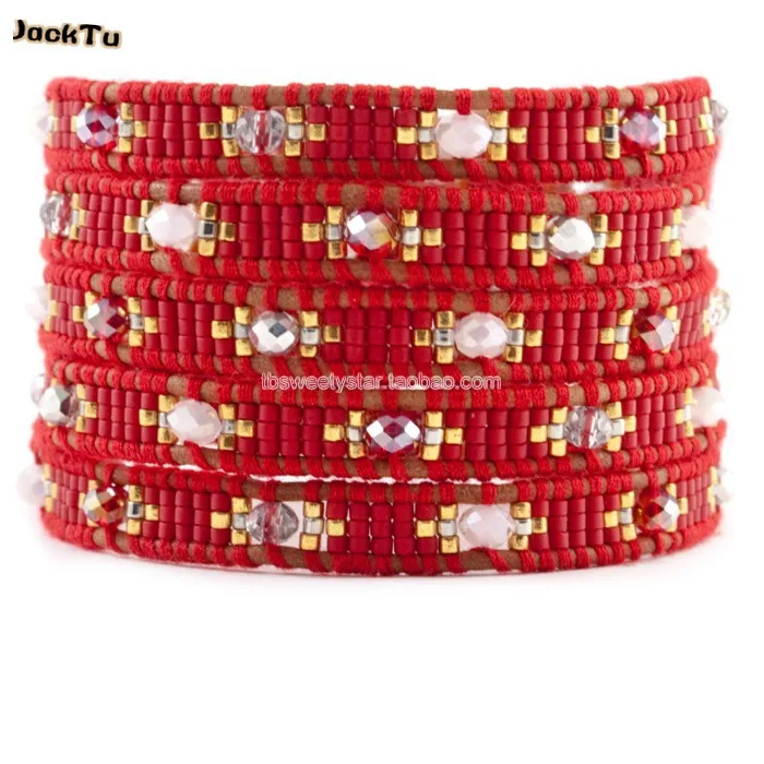 

Free shipping red seed beads mixed crystal leather wrap bracelet as gifts