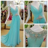 Custom made Luxury Cap Sleeves Crystal Beading Court-Train Blue women Party Gown Long Prom Dress Evening Dresses for 2014