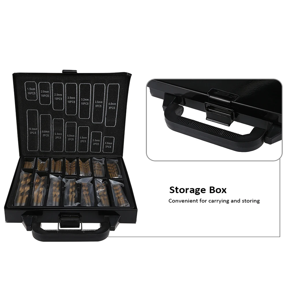 HSS Twist Drill Bits Set 99PC 1.5-10mm Titanium Coated Surface 118 Degree For Drilling Metal DIY Home Use With Iron Box Packing HSS Twist Drill Bits Set 99PC 1.5-10mm Titanium Coated Surface 118 Degree For Drilling Metal DIY Home Use With Iron Box Packing