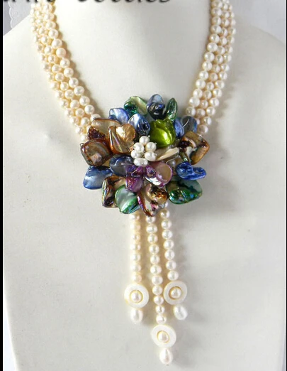 

ddh002278 3Strands 7mm White Round Freshwater Pearl Multicolor Shell Flower Necklace